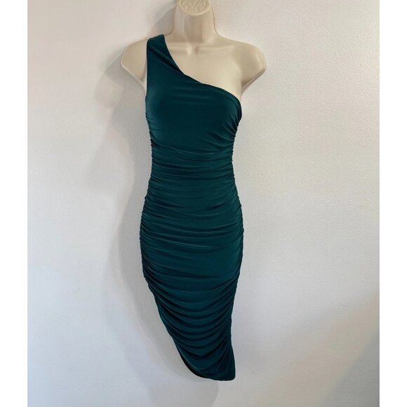 Club L London Dress 0 / XS One Shoulder Ruched Emerald Green Holiday Assymetric - Picture 2 of 9